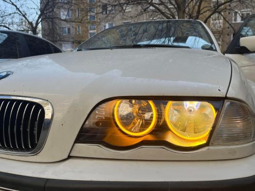 BMW E46 Halogén – SMD LED Angel Eyes szett, Opál búrás, Fehér + Sárga (Index funkcióval)